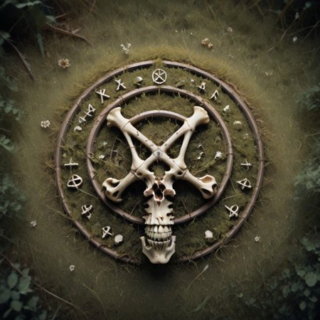 Photography.
score_9, score_8_up, score_8, score_9, masterpiece, ultra high quality, hd render, satan, satan symbols, pentagram, no humans, pentagram made of bones, bones on grass, view from above