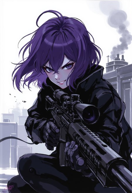 <lora:ck-MetalGearSolid-000019:1>, in the style of ck-mgs, 21 year old girl, kneeling on rooftop, purple messy long hair with bob-like layers, aiming a sniper rifle at viewer, big smile, award-winning, dark fantasy, cinematic, hard science fiction,visionary, black,white, intense atmosphere,