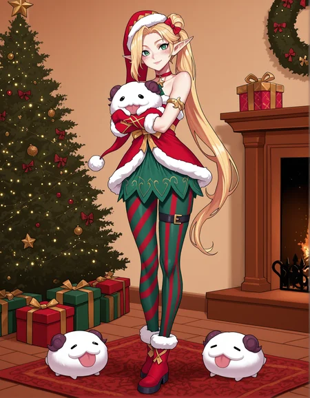 masterpiece,best quality, absurdres, highres,   <lora:Elf Jinx Illu 2:0.9> elfjinxillu, santa costume, santa hat, red choker, asymmetrical gloves, armlet, asymmetrical pantyhose, red boots, striped, freckles, hair bow, looking at viewer, christmas tree, standing, holding, present, thigh strap, poro, holding animal, happy