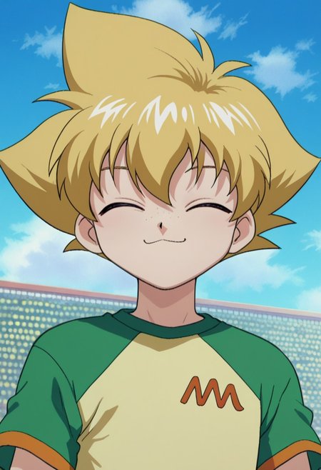 score_9, score_7_up, source_anime
MaMizuha, 1boy, male focus, solo, closed eyes, freckles, blonde hair, spiked hair, t-shirt, raglan sleeves, short sleeves, smile, happy
outdoor,  sky