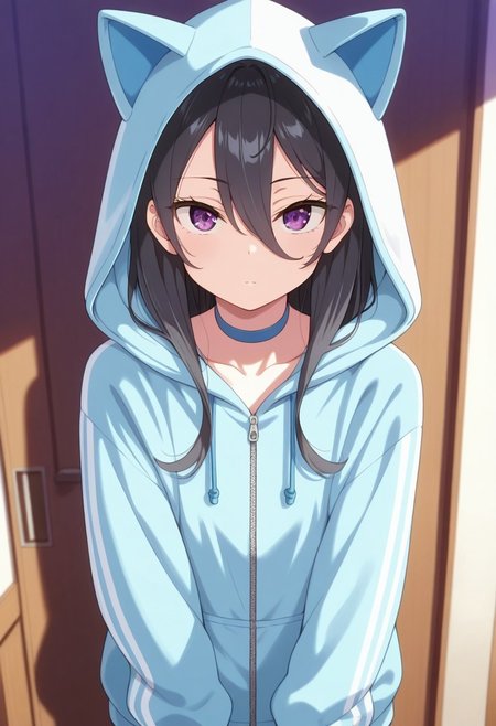 masterpiece,best quality,amazing quality, ayano kimishima, long hair, black hair, hair between eyes, purple eyes, 1girl, hood, solo, hood up, animal hood, jacket, looking at viewer, hooded jacket, long sleeves, blue choker, choker