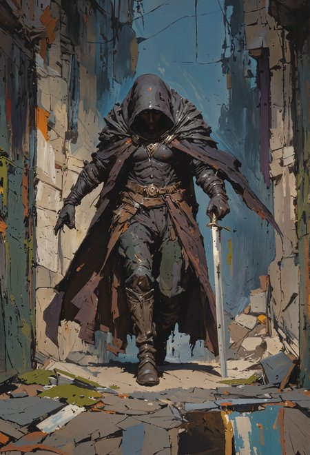 CGI image of a cloaked figure in a dark alleyway, The image has a retro fantasy aesthetic with oil panting influences. In a dark alley, a woman in leather clothes stalks through the darkness. Her face is obscurred by shadow. Abstract and epic painting. She holds a silver dagger out threateningly.