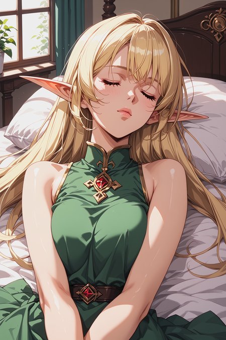 score_9, score_8,  score_7, score_6_up, score_5_up, 
deedlit, green tunic, 
1girl, long hair, blonde, elf, sleeveless, 
beautiful face, 24 years old,
closed eyes,
bangs,
record of lodoss war,
upper body, bedroom, gothic architecture, detailed background,
bed sheet, sleeping,
<lora:Degen_Deedlit_v1:0.55>,  <lora:TOO_NobuteruYuuki_v3B_PonyXL:0.6>,  <lora:PirotessXLpony001:0.4>,  <lora:Urushihara Satoshi_XL_PONY_V2:0.4>,  <lora:Sinozick_Style_XL_Pony:0.2>,  <lora:DefaultZ17:0.2>,  <lora:style1:0.2>,   <lora:pixivtext2:0.2>,  <lora:flyx3_XL_PONY:0.2>,