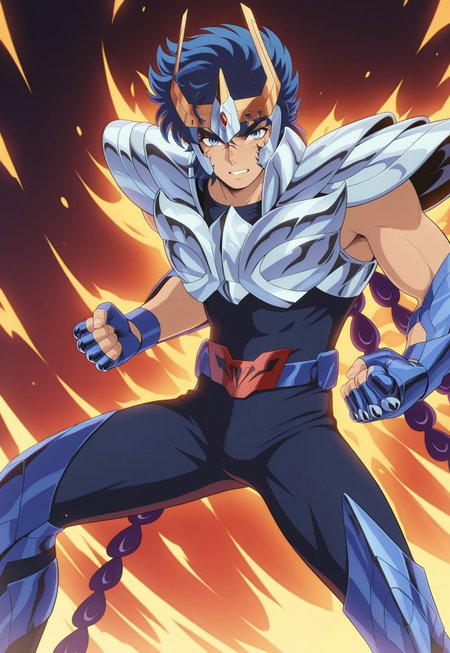masterpiece, best quality, amazing quality, intricate, hyper-detailed, excellent, ultra-high resolution, (lineless:1.2), (((1man, male, solo)), IKKIV2IL, 1boy, male focus, circlet, blue hair, wavy hair, blue eyes, scar on face, toned male, silver breastplate, silver pauldrons,  fingerless gloves, blue vambraces, winged armguard, sleeveless, belt, belt buckle, dark blue bodysuit, purple tail feathers, purple phoenix tail feathers, blue greaves, fire phoenix background, battle stance, fire attack
