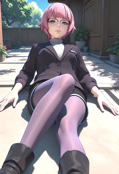 <lora:sdxl_lightning_8step_lora:1> <lora:Fixhands_anime_bdsqlsz_V1:1>score_9, score_8_up, score_7_up, source_anime, intricate details, perfect anatomy BREAK
1girl, solo, gis-esakipurin, pink hair, short hair, purple eyes, black-framed eyewear, black jacket, black shorts, gis-esakipurin outfit, purple pantyhose, black boots, 
from below, lying, Pensive, Eyes focused inward, brow furrowed, and lips pursed., outdoors, 
<lora:gis-esakipurin_XL(pony)fix:0.9>