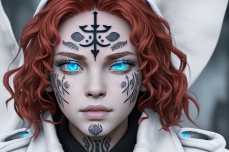 bright red hair, human female, (feminine:1.7), (beautiful face, detailed face:1.6), (beautiful eyes, detailed eyes:1.7), (looking at viewer, eye contact, intense:1.6), (long hair, red hair, curly hair:1.3), , ((masterpiece, best quality, high resolution, realistic, best quality,)), photo realistic, Perfect Face, (detailed face). <lora:GoodHands-vanilla:0.6> <lora:add-detail-xl:0.8>, mage, (Dress White military uniform coat), dagger, rune dagger, glowing runes, , (((glowing magic symbols tattoos, religious tattoos))), ((face tattoos)), glowing tattoos, stone tower in the background