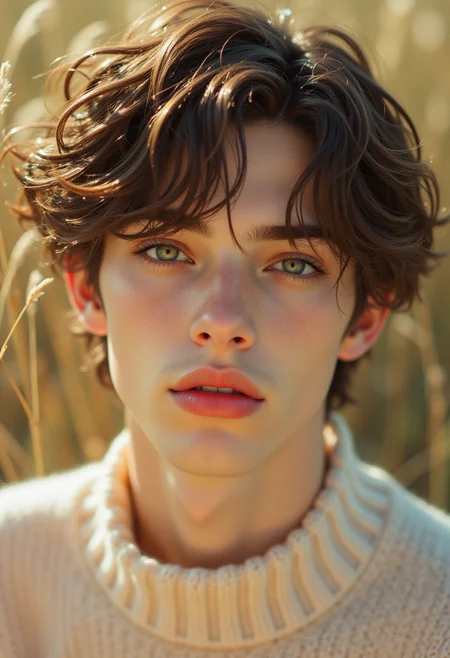 Close-up portrait of a male model with soft boy aesthetic, tousled hair, dreamy expression, pastel oversized sweater visible at the collar, soft lighting, background hints of sunlit plants, warm vintage film effect, emotional and introspective mood, shallow depth of field, editorial fashion style  <lora:Delicate_Focus_FLUX_LoRA:1>