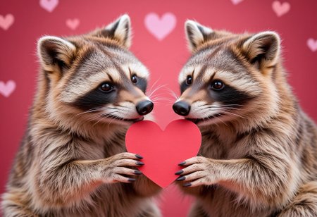Male racoon give valentine female-racoon. 
Hearts are everywhere.