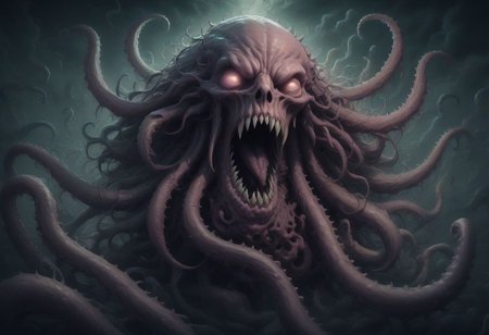 Lovecraft abomination looms in the shadows, its form defying earthly logic. Tentacles writhe from its grotesque body, each ending in an eye that gazes into infinity. Its maw, filled with rows of razor-sharp teeth, drips with otherworldly ichor. Its presence radiates an aura of cosmic dread, driving mortal minds to the brink of insanity. Capture the eldritch horror and incomprehensible terror it embodies Nightmare color palette. DEVIL SPAWN