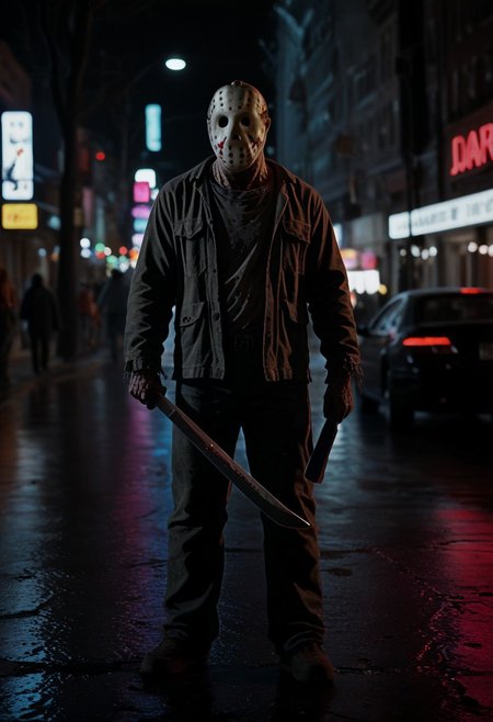<lora:VHS_Pony:2.6> vhs footage of 1boy, monster, mask, no eyes, bald, holding machete, manhatten background, in new york, street, building, night, jumpsuit, muscular, full body,
 blurry, chromatic aberration, glitch, noisy, distorted, full body <lora:jason_voorhees_v0.5-pony:1.2> <lora:dark:0.7> dark