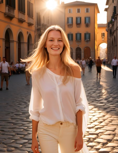 In a vibrant, sun-drenched Italian piazza during the golden hour, a radiant blonde woman named A5HL3YH, her long hair cascading over one shoulder, is standing solo in the center of the scene. She wears a tastefully flowing white shirt, the fabric gently billowing with the slightest breeze, and her bright smile illuminates her entire face as she gazes directly at the viewer, inviting us into her world. The warm, amber light from the setting sun filters through the ancient architecture of the surrounding buildings, casting intricate shadows on the cobblestone streets and creating a captivating backdrop for this beautiful moment.