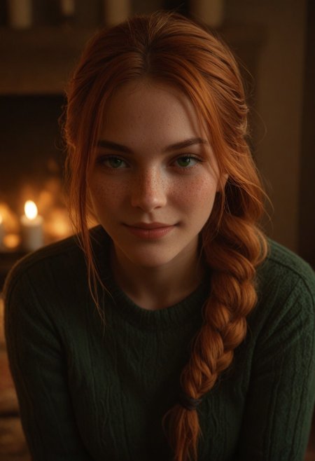 score_9, score_8_up, score_7_up, score_6_up, 
1girl, 25 years old, perfect face, (adult), sexy, close view, looking at viewer,
dark green eyes, freckles, 
ginger hair, folded braid,
green sweater, 
fireplace, candles, indoors, 
blush, shy smile, portrait, face focus, detailed face,