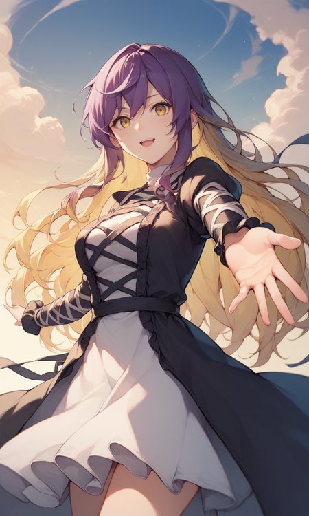 score_9, score_8_up, score_8, score_9, 1 girl,  source_anime, hijiri byakuren, <lora:byakuren_hijiri_pony-10:1>, purple hair, blonde hair, two-tone hair, black dress, white dress, layered dress, cross-laced clothes, long hair, yellow eyes, reaching towards viewer, sky