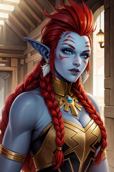 (masterpiece:1.2), (best quality:1.2), perfect face, perfect eyes, volumetric lighting, mature female shewowtroll, black and red hair, blue skin, jewelry, feathers, fur, markings, braids  <lora:sxzTrollsWarcraft_sxzTrolls:0.8>