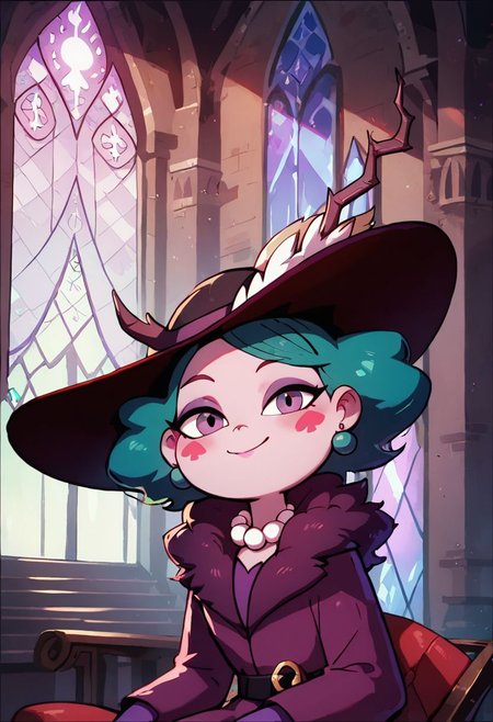 score_9, score_8_up, score_8, Eclipsa Butterfly, green hair, short hair, purple eyes, red spade blush stickers, dark red sun hat with feathers and branch, purple coat with fur collar, pearl necklace, black belt with moon decoration
upper body, closed mouth, in cathedral, sitting in church chair, smile, looking at viewer, colorful clerestory windows,