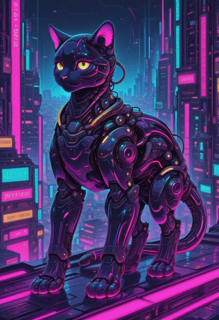 animal focus, futuristic robotic cat, sleek metallic body with glowing cyan stripes, standing on a neon-lit rooftop, overlooking a cyberpunk cityscape masterpiece, best quality, amazing quality, very aesthetic, absurdres, detailed eyes, newest, pinkneoncybercore,