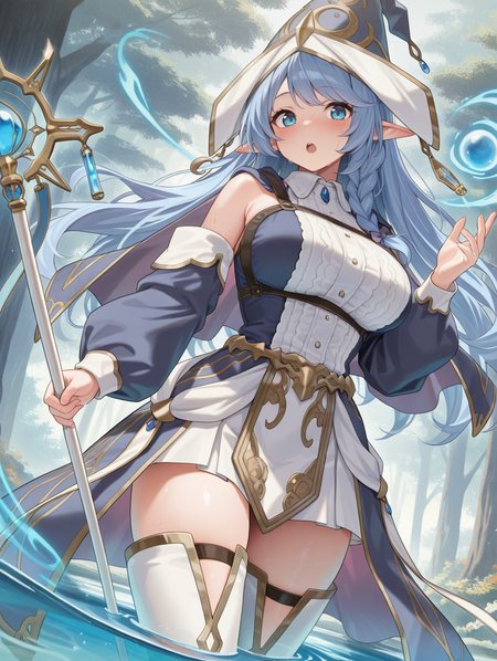 water enchantress of the temple,blue witch hat,witch dress,blue detached sleeves,white thighhighs,1girl,staff,large breasts,solo,holding staff,looking at viewer,open mouth,tree,blush,magic,dutch angle,wading,
masterpiece,best quality,amazing quality,very aesthetic,absurdres,newest,<lora:Water Enchantress of the temple illuXL v1.1:0.7>,