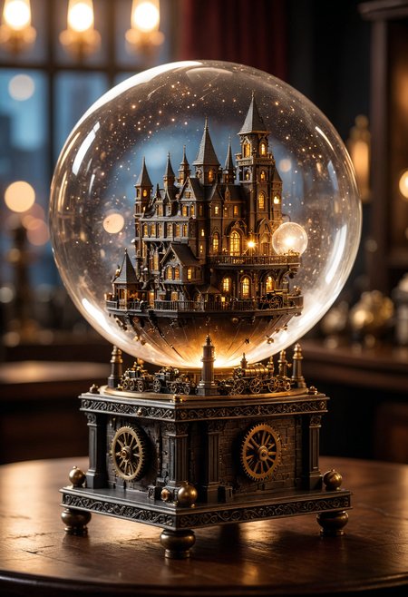 Intricate glass orb containing a miniature, steampunk city with moving gears, steam-powered vehicles, and airships, steam rising from the orb like mechanical smoke, the orb resting on a brass stand with cogs and wheels, reflections of the city's lights on the glass surface, hyperrealistic, 32k, (((masterpiece))), (((ultimate quality))), photorealistic, epic composition, film grain, bokeh, soft focus, cinematic lighting,
 <lora:add_detail:1>, <lora:add-detail-xl:1>,  SK_CINEMATIC