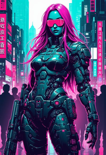 mad-cbrpnksplshrt full of details but with faded outlines, neon ultraviolet hair cyborg girl soldier in combat armor with one robotic arm and one robotic leg holding a pulse rifle, and in the background new york city disintegrating into the matrix behind, best quality, sharp image,