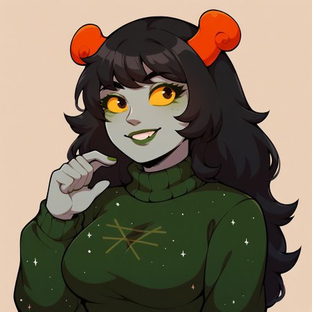 score_9, score_8_up, score_7_up,
BREAK,
1girl, yellow sclera, solo, black hair, smile, colored skin, colored sclera, long hair, horns, upper body, green skin, grey skin, hand up, sweater, long sleeves, breasts,