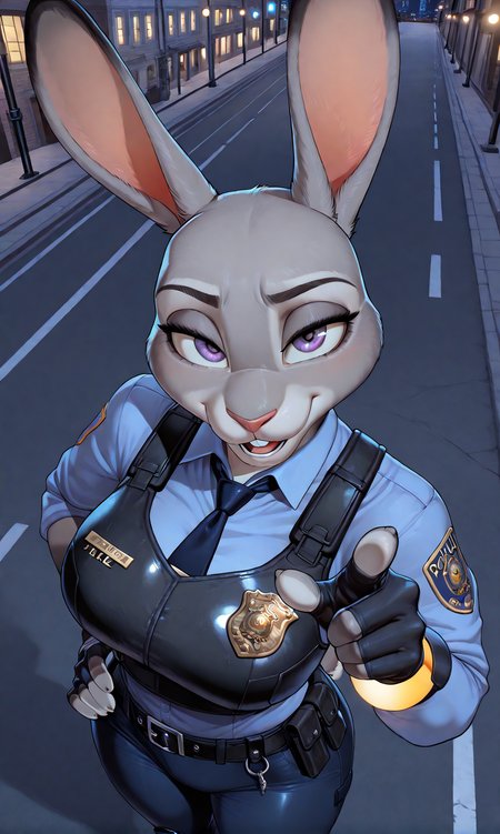 HDR,masterpiece,raytracing,volumetric lighting,amazing quality,1girl,Judy Hoops_(Zootopia),Rabbit Girl,Anthro,solo,Purple Eyes,(Long Ears),furry,fur,body fur,furry female,Grey-White Fur,Rabbit Tail,looking_determined,(open mouth:0.5),happy expression,smug,looking at viewer,upper body,(Police_Uniform, purple_police_shirt, black_police_vest, black_police_pants, badge, gloves, belt),very aesthetic,ultra-detailed,official_art,night,modern building,lights,City,road,standing,(hand on own hip,pointing at viewer),ByCooliehigh,anivrec,MmmmmKunSnsfW,realistic,best quality,<lora:JudyHopps-ILv2:1>,<lora:cervina7-guy90-Illust-Lycorisv1:0.65>,<lora:fellatrix_style_ILXL_goofy:0.45>,<lora:AsuraLycoXL:0.5>,<lora:MmmmmKun_Style_SK:0.3>,<lora:realistic filter [IL]:0.25>,<lora:DetailedEyes_V3:0.8>,<lora:locon_perfecteyes_v1_from_v1_64_32:0.7>,<lora:DetailedPerfect_hands_r1:0.8>,<lora:Expressive_H:1>,<lora:aboveBelow1.3_alpha1.0_rank16_full_900steps:4>,<lora:night-XL:1>,from above,ray tracing,