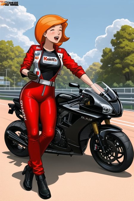 <lora:ann_possible:.6>, ann possible, masterpiece, best quality, 1girl, orange hair, brand name imitation, car, character name, closed eyes, clothes writing, gloves, ground vehicle, helmet, holding, holding helmet, long sleeves, motor vehicle, open mouth, race vehicle, racecar, racing suit, solo, mature female,