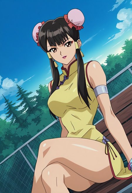 score_9, score_8, score_7_up, source_anime, anime_coloring, anime_screenshot, highres, rating_questionable
YGOVivianWong, 1girl,  long hair, black hair, hair bun, double bun, bun cover, hair tubes,  bangs, sidelocks, makeup, lipstick, brown eyes,  jewelry, earrings, dress, china dress, chinese clothes, bracelet, legs, thighs
seductive, naughty face, sitting, crossed legs, outdoors, 1girl, bench, trees, sky, clouds, sun, looking at viewer, day, forest, cowboy shot, upper body focus, (Dutch angle:1.4), thighs, solo