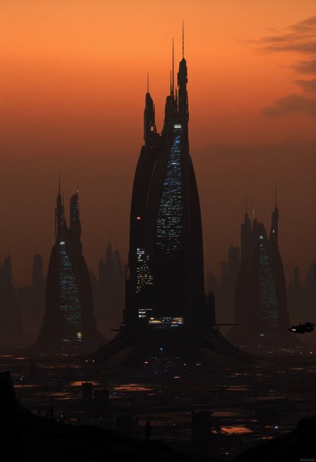 alien landscape, skyline . extraterrestrial, cosmic, otherworldly, mysterious, sci-fi, spaceships. interstellar war, highly detailed. very slightly orange-tinted sky. Cyberpunk alien city merge