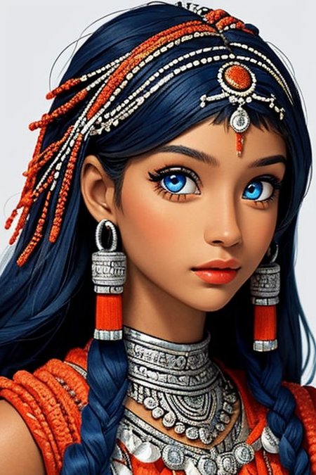 close-up photographic portrait of woman with strikingly vibrant blue-silver eyes. Supe shoulders showing. The face should, intricate, tribal-inspired art, patterns, reminiscent of beadwork and ceremonial embellishments, scheme, rich reds, oranges, blues --ar 2:3