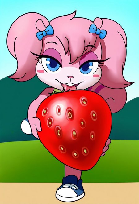 masterpiece, best quality, very aesthetic, absurdres,
outdoors, casual, 
full body, posing,  dynamic pose, dynamic_angle, close up, holding a strawberry, licking strawberry, seductive, kind eyes,
seductive smile, parted lips, long eyelashes,
 <lora:Twiggy_v01_NAIXL:1>
Tw166y,1girl,solo,furry,furry female,squirrel girl,pink hair,squirrel ears,short hair,twintails,hair bow,blue eyes,blush stickers,animal nose,buck teeth,body fur,pink fur,squirrel tail,