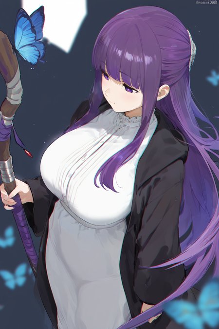 fern \(sousou no frieren\), 1girl, blue butterfly, breasts, bug, butterfly, closed mouth, dress, holding, holding weapon, insect, large breasts, light particles, long hair, mage staff, outdoors, purple eyes, purple hair, robe, , solo, staff, weapon, white robe, msk12003, masterpiece, best quality, very aesthetic, absurdres