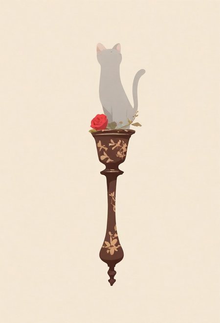 simple background, beige background, jumping gray cat, vase in the back, rose, 
BREAK 
masterpiece, best quality, good quality, very awa, very aesthetic, absurdres, newest, (Perfect details),(****), haiz_ai, no lineart,no outline,