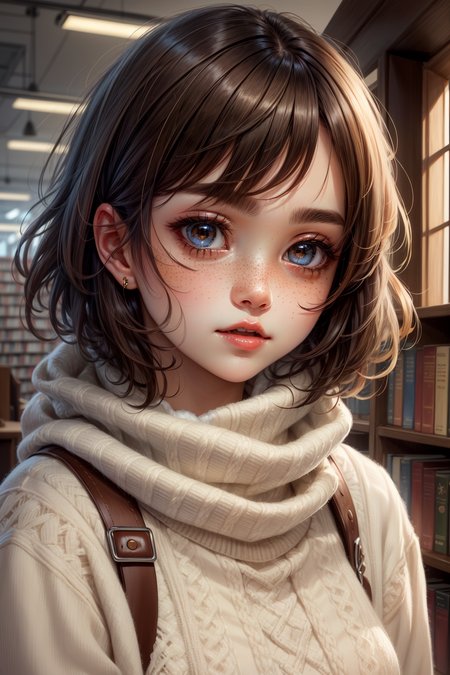 closeup, face, portrait, upper body, 
freckles, 
shy, blush, 
(short brown hair:1.1), 
(library:1.1), 
(brown eyes:1.2), 
cozy, detailed eyes, winter sweater, 
<lora:more_details:0.35>
 <lora:Cosmic anime-oil fusion v2:0.5>, shiny, shiny hair, shiny skin, shiny clothes