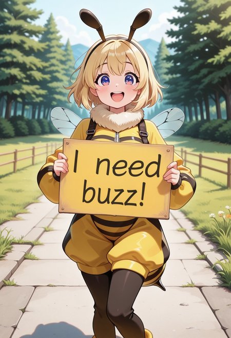 general, 1girl, looking at viewer, smile, open mouth, bee outfit, need_buzz, holding sign, outdoors, masterpiece, best quality, amazing quality