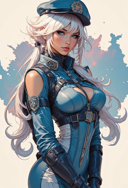 ArsNijiStyle, inksplash portrait of stunning oriental sci-fi space policewoman, long platinum hair, sidelocks, bangs, police cap, skin-tight bodysuit, police insignia, medium breasts, direct gaze, light hitting one side of face, gradient colour abstract background