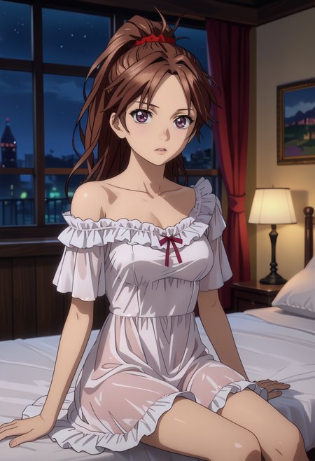 score_7_up, anime screencap,
<lora:GuiltyCrown_ShinomiyaAyaseXL:0.9>,
1girl, parted lips,
long hair, high ponytail, parted bangs, brown hair, purple eyes, hair scrunchie, red scrunchie,
frilled dress, white dress, red ribbon, off shoulder, medium breasts,
sitting, looking at viewer, 
blurry background, indoors, night, bed, <lora:night-XL:0.3>