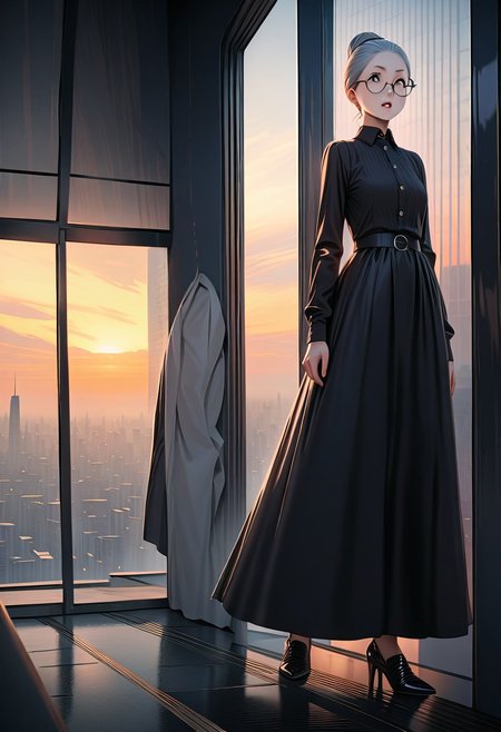 (graphic novel style, dark novel style:1.5),(anime), (masterpiece:1.4), (soft cinematic light:1.1), incredibly lifelike, Extremely high-resolution details, 8k, best quality,extremely detailed, contrast,
high tech design,
 gallery of contemporary art, inside, a old woman walking against the backdrop of a giant floor-to-ceiling window, through which one can see a city landscape with skyscrapers and a sunset ,fullbody, open mouth, ((elderly)) woman in a ((black long dress)) and black high-heeled shoes, elderly, old woman, [Nordic], Hourglass elongated body, Oval Face, Long neck, Rounded shoulders, long slim thin arms, Attached Pointed ears, round forehead, (gray Updo short combed back hair), snub nose, Arched eyebrows, Monolid black Eyes, High Round Narrow cheekbones, Hollow Cheeks, Rounded Chin, Rounded Jawline, thin Lips, (black eyes), (square glasses), Wrinkles and Fine Lines, a large white canvas at the wall,