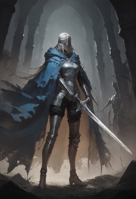score_9, score_8_up, score_7_up, sorce_Dark_Souls  Knight Artorias, Artorias the Abysswalker, dark souls, bulky, shadows, medieval, dark theme, armor, holding a sword, blue trim, blue cape    <lora:Concept Art Ultimatum Style LoRA_Pony XL v6:0.8> <lora:sinfully_stylish_SDXL>