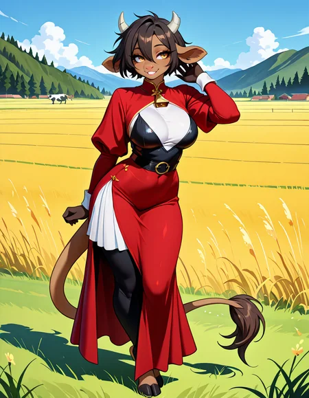 masterpiece, best quality, very aesthetic, absurdres,
outdoors, dressed,
standing, posing, 
full body, seductive smile, parted lips, long eyelashes,
<lora:Manitka_Storm_v01_NAIXL:1>
Man1tkaStorm,1gilr,solo,furry,furry female,cow girl,cow ears,cow horns,short hair,black hair,hair between eyes,brown hair,body fur,brown fur,cow tail,hooves,