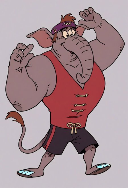(score_9 | score_8_up | score_7_up)
((masterpiece:1))(best quality,very high quality,ultra detailed:1.2)
(2D,cartoon style,anime style)(Smooth:2)(clean blurring)
(four fingers on each hand,one thumb on each hand:1), Abu elephant, solo, brown hair, grey skin, black eyes, trunk, trunk nose, elephant trunk, elephant ears, monkey tail, purple vest, red and purple hat, alien, muscular, +++three eyes, extra eye, grey skin color, full body