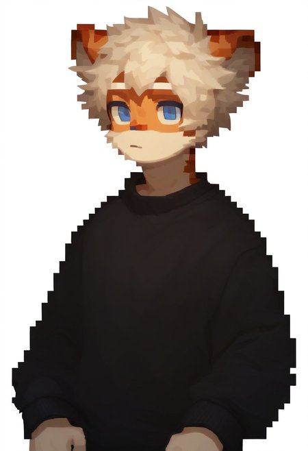 score_9, score_8_up, score_7_up, score_6_up, pixel, white background, simple background, milkytiger, tiger ears, tiger boy, white eyebrows, blue eyes, 1boy, solo, black sweater, white background