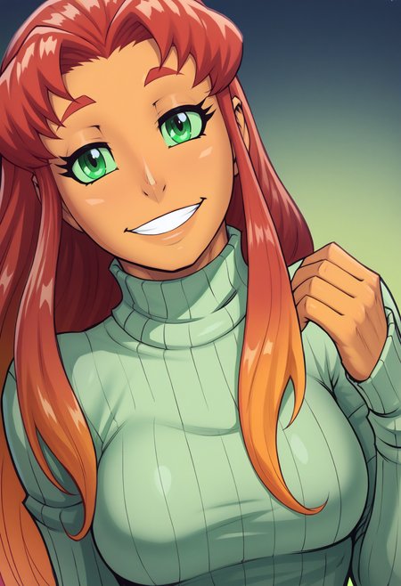 <lora:whox-guy-PONY-DORAv1:1>, xohw, score_9, score_7_up, 1girl, solo, orange hair, red hair, blonde hair, gradient hair, orange skin, green eyes, ribbed sweater, looking at viewer, looking at viewer, smile, head tilt, starfire, simple background