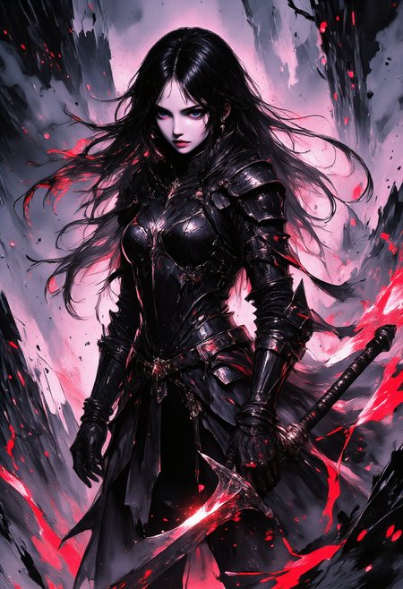 (A powerful anime girl stands in the middle of a war-ravaged battlefield, clad in a light black armor that glows subtly under the dim, stormy sky. Her long hair whips around her face, flowing in the wind with dynamic ink strokes that capture both fluidity and aggression. The armor is detailed with sharp, bold ink lines, while her form radiates intensity. Around her, a fierce, magical aura swirls, with ink-like tendrils forming chaotic patterns that echo her strength and resolve. Her pitch-black eyes burn with cold determination, her expression fierce and emotionless, embodying the calm before a storm. The background is an explosion of swirling ink huesâdeep reds, blacks, and purplesâthat represent the violence and turmoil of the battlefield. The colors blend together seamlessly, wrapping around her like an extension of her own power. Her stance is strong, one hand gripping her weapon while her other arm hangs at her side, a symbol of unyielding confidence. The surrounding aura crackles with energy, a visual manifestation of her inner strength and unrelenting will to fight.), <lora:flux.1_lora_ink-dynamic:0.6>, <lora:aidmaImageUpraderv0.3:0.4>, aidmaimageupgrader, <lora:Dever_Flux_Enhancer:0.5>,  <lora:anime_martz:0.7>,  <lora:DarkAnimeArt_V1:0.3>,  <lora:Elden_Ring_-_Yoshitaka_Amano:0.7>,  <lora:9mix:0.4>