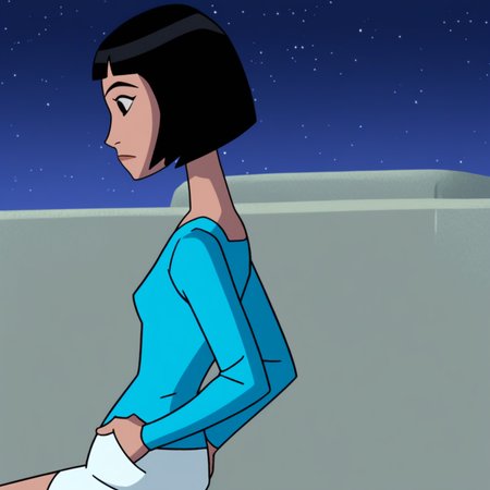 starry sky, long sleeves, looking back, profile, sitting, closed mouth, black hair, holding, short hair, looking down, hands on own hips, white skirt, hands in pockets, Julie Yamamoto, blue tank top