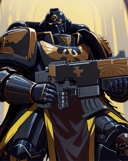 Anime Illustration, full body, Space Marine, iron warriors  legion, portrait, standing. He is holding, aiming,  a bltgun bolter weapon. He is wearing a helmet, intricate dark steel armor, gold trimmings, cross detailing, tabard, torn cape, gauntlets, black fur, plate armor, full armor, panoply, hazard stripes in black and yellow on leg,  gothic architecture,  background, extremely detailed, absurdres, masterpiece, cel shading,
<lora:Astartes:0.8>  <lora:add-detail-xl:0.8>  <lora:Bad_Hands_lora:0.8>   <lora:Bolter_-_Warhammer_40000_SDXL:1>