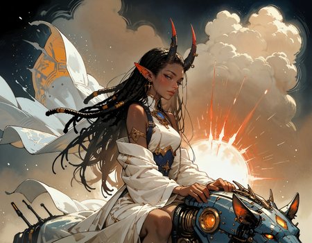 score_9, score_8_up, score_7_up, score_6_up, score_5_up, score_4_up,   female priestess, cel-shading, backlit, delicate features, very long hair, (dreadlocks), riding a mechanical wolf, medium breasts, horns, cyborg, pointy elf ears, multiple ear piercings, black background, techwear, large horns, dynamic pose, freckles, light blue outfit, blue glowing machine parts, hair oranments, smug, seductive smile, from behind, looking over shoulder, battle armour, chestplate, japanese dress