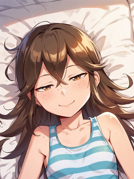 score_9, score_8_up, score_7_up,  
1girl, yaginuma anko, long hair, brown hair, small breasts, narrowed eyes, brown eyes, freckles,

upper body, striped tank top, lying, on bed, smile, closed mouth, looking at viewer,
