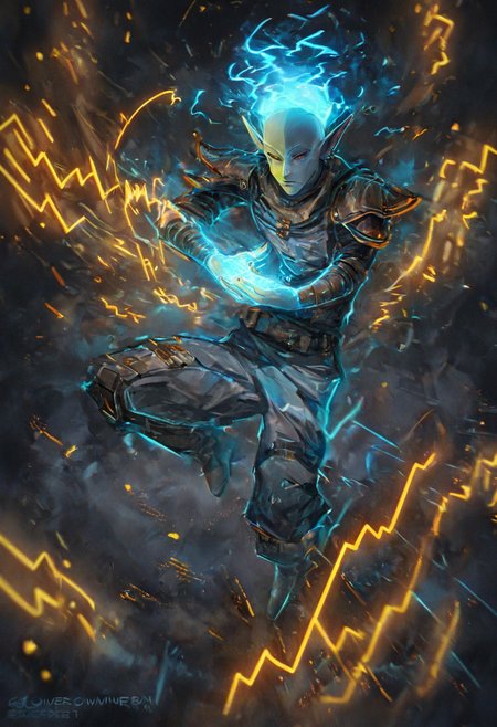 score_9, score_8_up, score_7_up, (best quality:1.1), ultra-detailed, high resolution, 8k, bar background, neon lights, negative_hand, ng_deepnegative_v1_75t, glowneon, glowing, sparks, lightning, vivec, male, elf, dunmer, chimer, two-tone skin, blue and yellow skin,  transparent glowing blue hair, dark gray cropped jacket, black short, gray cargo pants, hight boots, calm face, hand drawing a spell, dynamic scene, close view, solo, top view