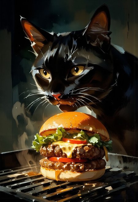 sharp image of a close-up of a black cat eating a sandwich, The sandwich is made with a toasted bun and is filled with a mixture of ground beef, lettuce, tomato, and other ingredients. The beef appears to be cooked and has a golden brown color. The lettuce is a bright green and is spread evenly over the top of the sandwich. The tomato is sliced into thin slices and is placed on top of a layer of melted cheese. The cheese is a creamy white color and is oozing out of the sides. The background is dark and the grill is black, making the sandwich stand out. Anime art, S4DC1NE, 1qqq, <lora:Anime Art V3:1>, <lora:Organic Sauce - FLUX:0.7>,  <lora:delicious food_Flux_Lora_v1.0:1>