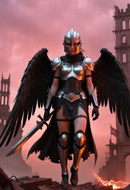 fantasy illustration, 1girl, solo, valkyrie, skinny, wing-helmet, closed visor, crop-armor, chestplate, faulds, greaves, gauntlets, proud pose, grimdark, gothic ruins, chequered ground, surreal, wasteland, ominous light, red-pink light, red-pink sky, eerie, menacing, dramatic atmosphere, highly detailed, masterpiece   <lora:dmd2_sdxl_4step_lora>